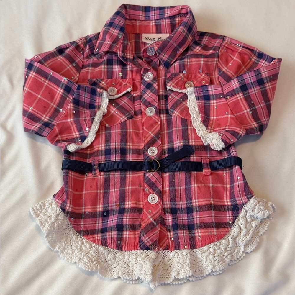 Little Lass Red Plaid Button Down Shirt with Lace and Belt